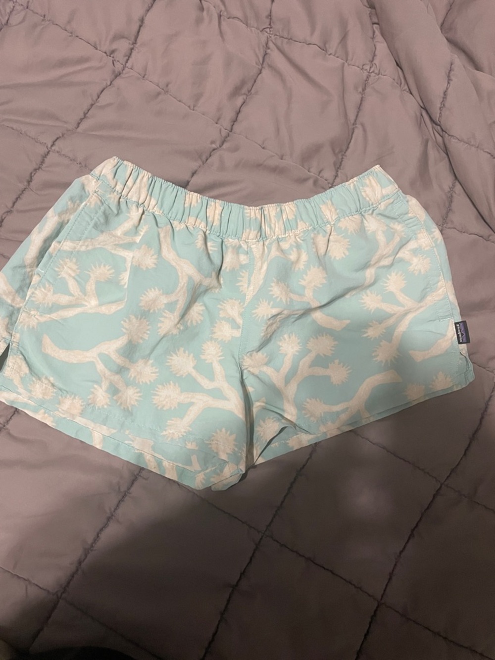 Patagonia Light Blue & White Botanical Print Women's Athletic Shorts